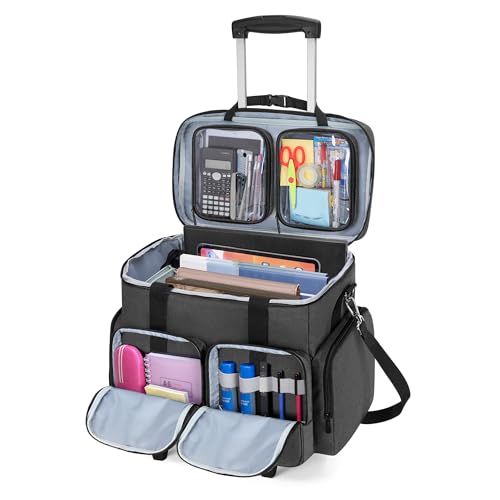 CURMIO Rolling Teacher Tote Bag with Padded Laptop Compartment for up to 15.6 Inches Laptop, Wheeled Teacher Bag for Teaching, Office, Craft, Black