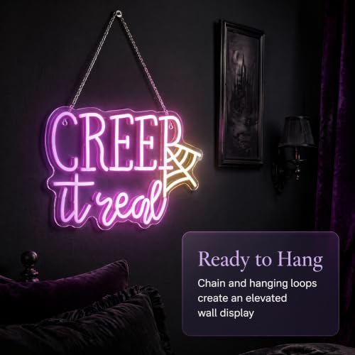 Image of Creep It Real Neon Sign,Halloween Decor | Spider Web - Spooky Party Decor 15.7x10.2in