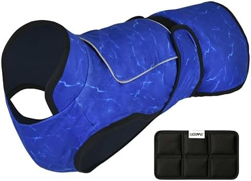LUCOLOVE Dog Cooling Vest with Ice Pack – 2-Layer Evaporative Cooling Jacket with High Collar, UV Protection & Size-Matched Ice Pack – Cooling Vest for Dogs for Hot Weather (Blue Aqua, Medium)