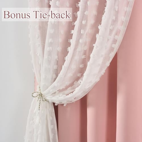 Image of Pink Blackout Pom Pom Sheer Curtain for Girls Bedroom 2 Panels, Double Layered Curtain with White Overlay, Light Blush Baby Toddler Nursery Curtains 63 Inch Length, Cute Boho Window Drapes