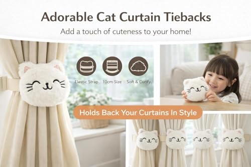 Image of Cute Cat Curtain Tieback Soft Plush | Decorative Cartoon Curtain Holder 10 cm | Elastic Tie Back for Kids Bedroom, Nursery & Living Room | Set of 6