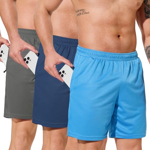 Kimzetom Men's Athletic Running Shorts Quick Dry Lightweight Gym Shorts with Zipper Pockets - No Mesh Liner, 3pack_Sky Blue, Navy, Dark Grey, Large