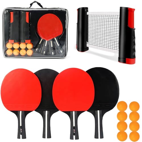 Portable Ping Pong Paddles Set Table Tennis Rackets with 4 Professional Rackets Retractable Ping Pong Net 8 Balls Storage Bag All-in-One Table Tennis Set for Beginners Players Indoor/Outdoor Games