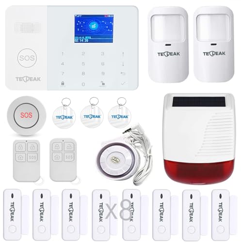 TECPEAK GSM/WiFi Alarmanlagen Komplettsystem, Alarmanlage Haus mit Alarmsirene, Haussicherheits Set inkl. Fensteralarm/Türalarm, Bewegungsmelder, Fernbedienung,Tag,SOS,Solar Außensirene