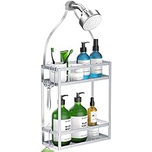Meangood Shower Caddy, Silver Hanging Shower Caddy Organizer 10.4" x 4.5" x 22.04" Over Shower Head Big Capacity for Shampoo, Conditioner with Hooks for Razor/Sponge