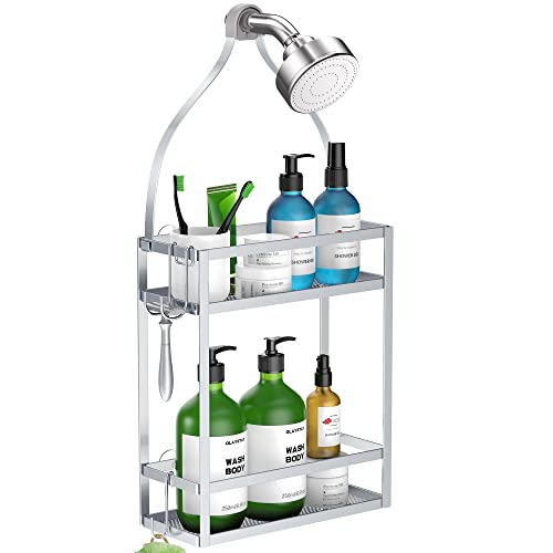 Meangood Shower Caddy Organizer,Mounting Over Shower Head Or Door,Extra Wide Space For Shampoo, Conditioner, And Soap With Hooks For Razors And More,10.5" X 4.5" X 22.4", Silver #TOP14