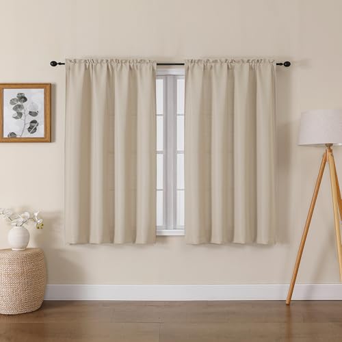 Lecloud Bessie Light Filtering Curtains 45 Inch Length 2 Panels Set Faux Linen Weave Short Curtains with Rod Pocket Rustic Drapes for Bedroom Basement Laundry Each 30 W x 45 L Linen