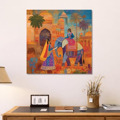 Image of PAINTINGMANTRA Rajasthani Elephant Art Stretched Canvas Painting for Living Room | Indian Ethnic Painting Wall Decor Art For Livingroom, Bedroom, Office, Hallways - 34x34 Inch