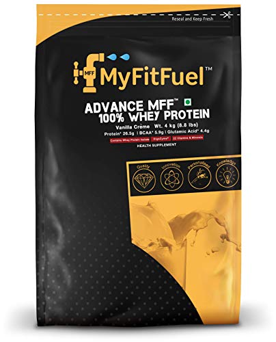Image of MyFitFuel Advance MFF 100% Whey Protein Powder, Whey With Digestive Enzymes and Multi Vitamins | 4 Kg, 112 Servings (Vanilla Creme)