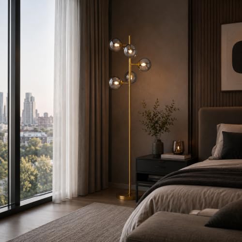 Image of BOKT Gold 5-Light 67'' Tall Floor Lamp Smoked Glass Globes Standing Lamp