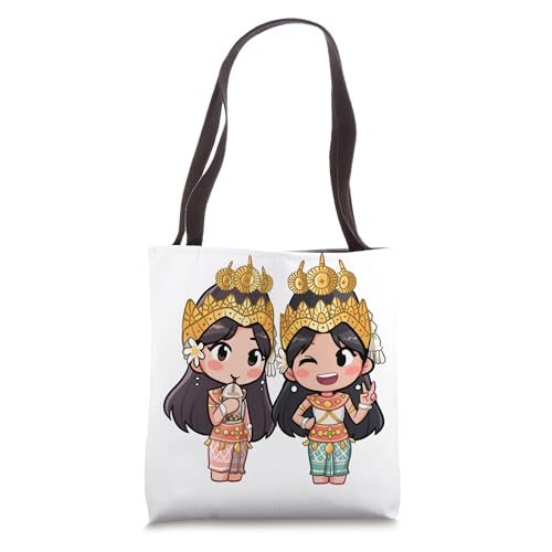 Bolso tipo tote con diseño de Apsara jocosa en estilo chibi, inspirado en la cultura khmer camboyana miniatura 1