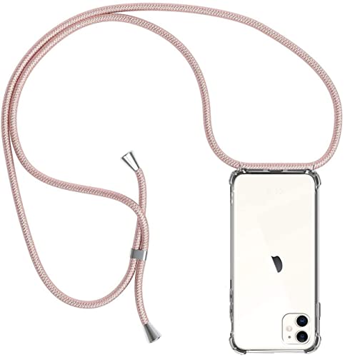 Coque pour iPhone 11 avec Cordon, Collier Étui de Protection Ultra-Mince Transparente Clair Silicone Gel Souple TPU Antichoc Coque avec Corde - Or Rose