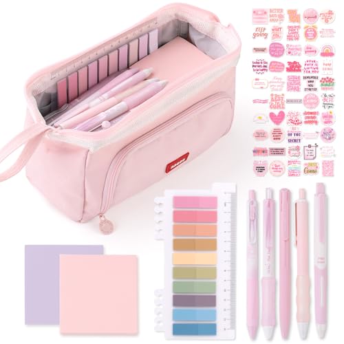 Image of HVOMO Stationery Set,1 large-capacity pencil case,5 quick-drying pens,50 waterproof stickers,2 sticky note pads(200 sheets),1 set of 10-color index labels (200 sheets),Student stationery gift(Pink)