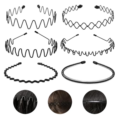 JERLITU Metal Headband Men Sports Hair Bands Elastic Wavy Hairband Fashion Mens Hairbands Metal Multi-Style Black Hair Hoop Unisex for Outdoor Sports Running and Daily Wear 6 PCS Hairbands