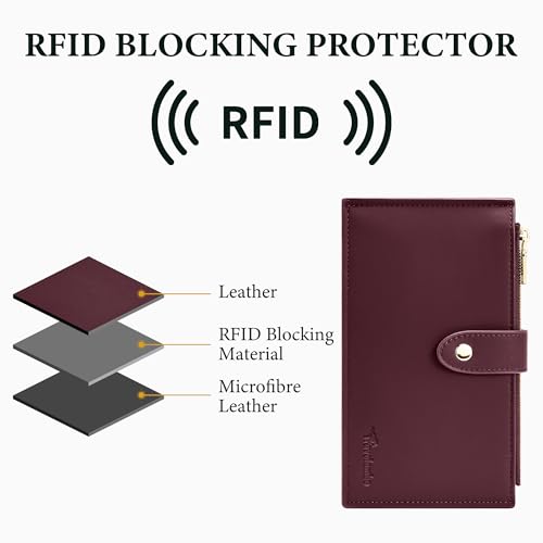 Image of Travelambo Womens Leather Bifold Wallet, Slim RFID Blocking Card Holder | Large Capacity, 16 Card Slots & ID Window, 2 Zipper Pockets, Dual Snap Closure, Slim Lightweight, RFID Privacy Protection