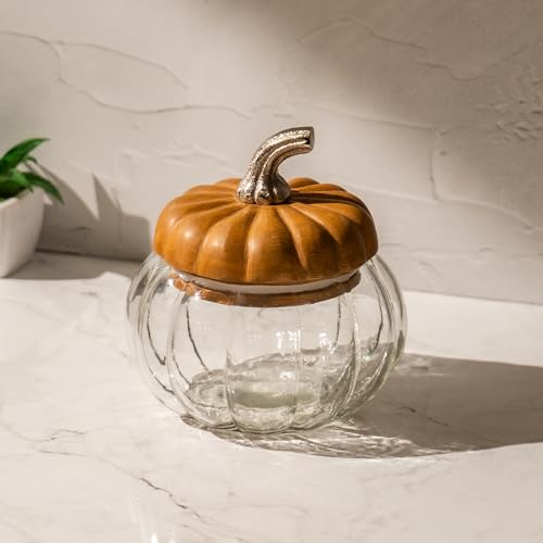 Image of Ember Glass Jar with Airtight Acacia Wood Lid | 650ml | 5.5 x 5.5 x 5.5 Inches | Handcrafted Glass Storage Jar for Cookies, Snacks, Candy, Spices & Dry Fruits | Decorative Kitchen Jar