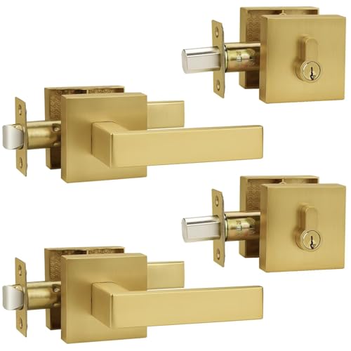 Probrico Satin Gold Exterior Door Locksets Square, Heavy Duty Front Door Passage Handle and Double Cylinder Deadbolt Set Keyed Alike, Brushed Brass, 2 Pack