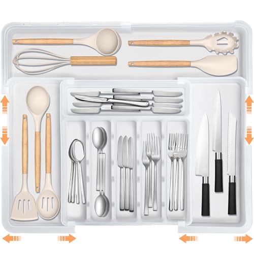 Large Silverware Drawer Organizer Expandable Kitchen Utensil Organizer BPA Free Flatware Cutlery Holder Tray Adjustable Plastic Drawer Divider Storage for Forks Knives 6-9 Slots White