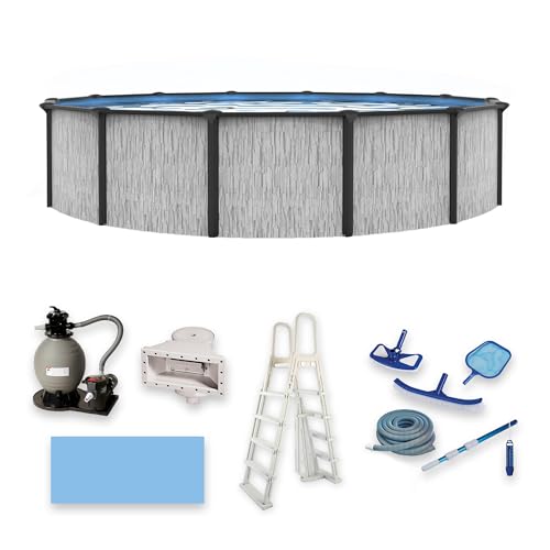Blue Wave Sevilla 24-ft Round 52-in Deep Above Ground Swimming Pool – with Steel Wall & Top Rails, Sand Filter, Overlap Liner, A-Frame Ladder & Maintenance Kit – Complete Outdoor Pool Accessories