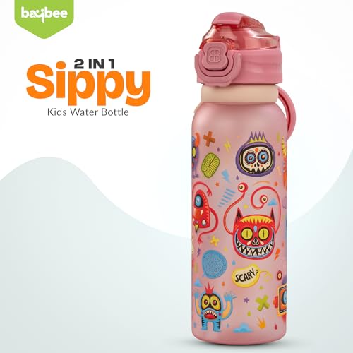 Image of BAYBEE 2 in 1 Baby Sipper Bottle for Kids | Anti-Spill BPA Free Baby Water Bottle with Silicone Straw & Carry Handle | 900 ML Drinking Water Bottle for Kids Toddlers 12+ Months Boys Girls (Pink)