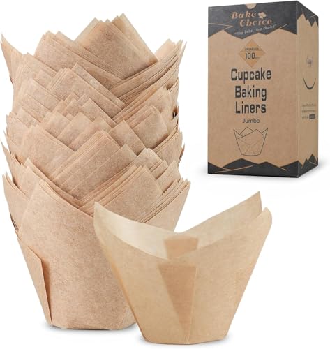 Bake Choice 100pcs Natural Jumbo Tulip Cupcake Liners for Baking, Unbleached Cupcake Liner, Greaseproof Parchment Paper Muffin Liners, Tulip Muffin Liners for Party, Christmas, Valentines