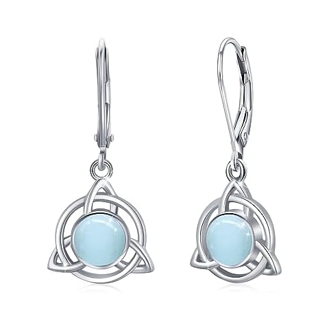 Celtic Earrings 925 Sterling Silver Moonstone/Turquoise Earrings Celtic Knot Leverback Earring Moonstone Celtic Jewelry for Womens (Color H) Cover