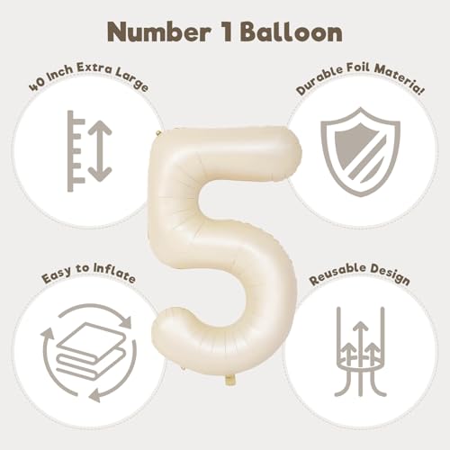 Image of Number Balloons for Birthday Decorations - 40 Inch Large Party Balloons 5, Cream Foil Number Balloons for Boys Girls, Balloons for Party Supplies