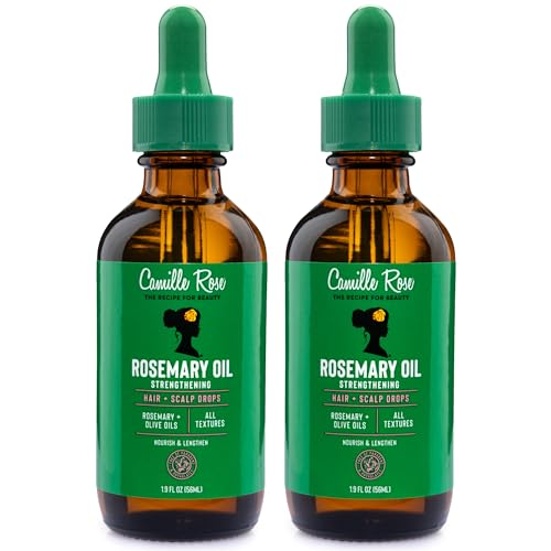 Camille Rose Rosemary Oil Strengthening Hair + Scalp Drops 2-Pack –Castor, Peppermint & Tea Tree Oil Blend for Strength & Resilience,Dry Scalp Treatment, Split Ends, 1.9 Fl Oz