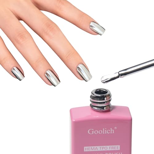 Goolich Chrome Metallic Silver Gel Polish 0.5 Fl Oz HEMA & TPO Free Silver Mirror Metal Shine Gel Nail Polish Soak off UV LED Nail Art Design Manicure Salon for Women Girl