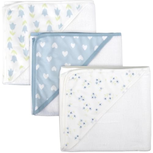 Image of Jessica Simpson Baby 6-Piece Hooded Towel & Washcloth Set - Soft Polyester Hooded Towels + Matching Washcloths - Blue & Neutral Floral Design