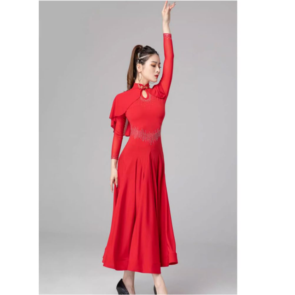 Vestido de Competencia Nacional Estándar de Mujeres Ropa de Baile de Vals Flamenco Traje de Baile Foxtrot Tango de Manga Larga Disfraz de Baile Brillante para Fiesta Salsa