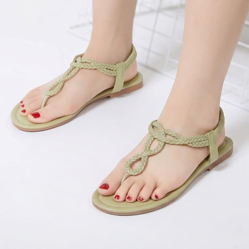 Image of iCKER Womens Braided T‑Strap Flat Sandals Elastic Stretch Ankle Strap | Boho cute casual lightweight and comfort matches dresses for beach vacation