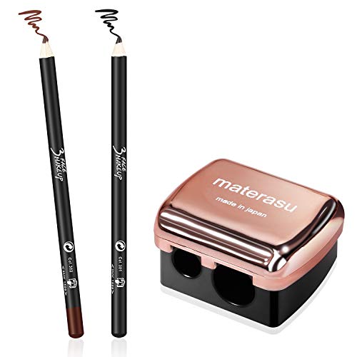 1pc Dual Pencil Universal Points Rose Gold Sharpener with 2PC Eyeliner Pencil(black&coffee color)for Lip Liner,Eyebrow and Eyeliner Pencils