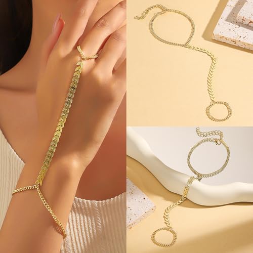 6 Pieces Gold Finger Ring Bracelet for Women Trendy 14k Gold Plated Womens Adjustable Cute Rings Hand Chain Link Bracelets Set for Women Jewelry Gifts Daily Accessories on Summer Beach3