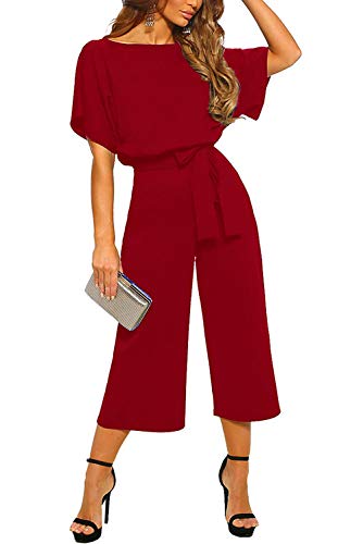 Aranmei Combinaison Femme Manches Courtes Taille Haute Combinaison Barboteuse Salopettes Chic Large Jambe Pantalons Jumpsuit Romper avec Ceinture (Vin Rouge, Small)