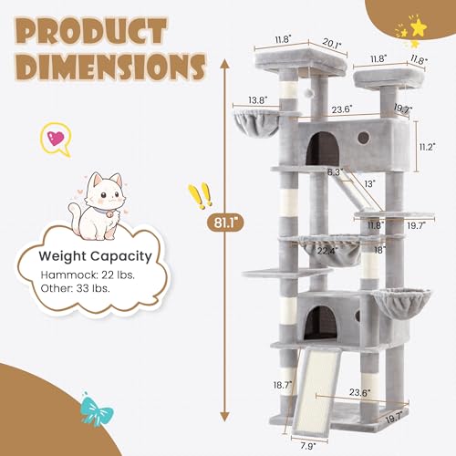 SHA CERLIN 81in Multi-Level Tall Cat Tree Tower for Indoor Kitties/Larger Cat Condo Furniture with Hammock/Cozy Pussycat Perches/Sisal Scratching Posts/Pet House/Wide Base/Grey - Image 3