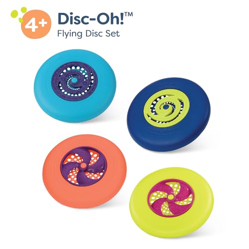 Image of B. toys Flying Disc Set, Disc-Oh! 4 Colorful Frisbees, 4 Discs, Summer | 4 flying discs with spinning centers for backyard, park, beach, and camping play; easy for little hands, 4 Discs; 4+ Years