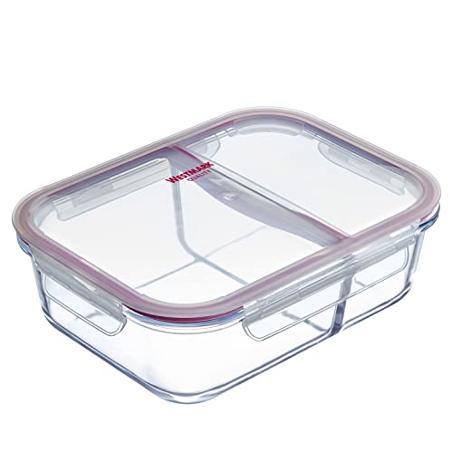 Westmark Tarro de cristal, capacidad de llenado: 570 ml, con 2 compartimentos separados, apto para microondas y horno, cristal, silicona/plástico, transparente/rojo, 234722E1