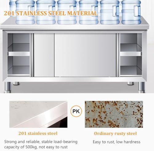 Stainless Steel Kitchen Prep Work Table with Sliding Doors & Cabinet, Large Multi-Functional Commercial Table for Restaurants, Hotels, Outdoor Cooking & Catering (80*