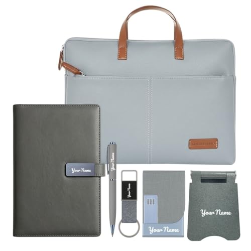 Image of Giftana 6 in 1 Laptop Bag with Personalized Diary and Pen, Keychain, Card Holder, Mobile Stand with Name, Customized Doctors Day Gift, Diwali Corporate Gift for Employees (Grey)