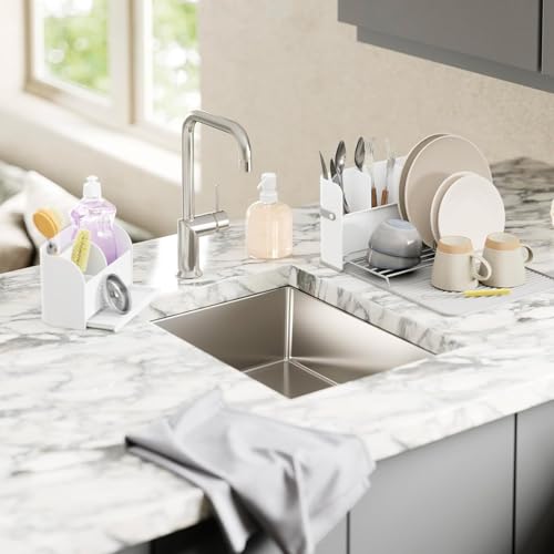 Wintem Organizer für Spülbecken, weiß, mit Seifenspender, 500 ml, ideal für die ordentliche Aufbewahrung von Utensilien und Spülschwamm, praktische Wasserauffangschale, 17 x 20 x 18 cm