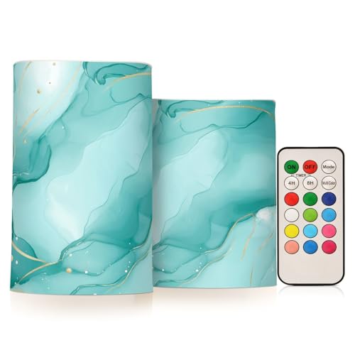 Image of Turquoise Green Marble Flickering Flameless Candles LED Battery Operated with Remote Timer Pillar Candles for Home Birthday Wedding Christmas Decor, Set of 2