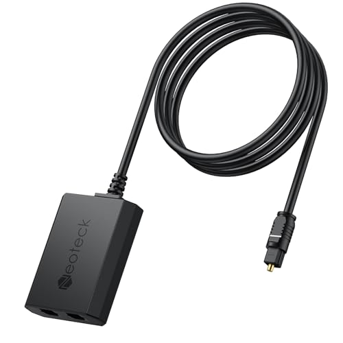 Neoteck Divisor Toslink Divisor de Audio Óptico 1 en 2 Salidas con Chipset y Cable de Fibra Óptica de 1m Soporta PCM2.0/DTS/Dolby AC3 para HDTV, Barras de Sonido, Auriculares