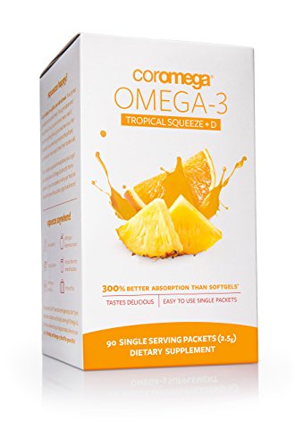 Coromega Omega 3 Fish Oil Supplement with Vitamin D3, 650mg of Omega-3s with 3X Better Absorption Than Softgels, Tropical Orange Flavor, 90 Single Serve Squeeze Packets