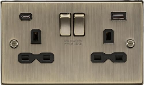 13A 2G SP Switched Socket with Dual USB A+C (5V DC 4.0A shared) - Antique Brass with Black Insert