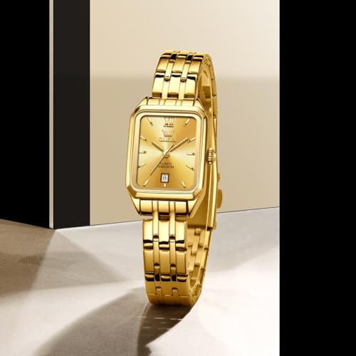 Image of OLEVS Watches for Women Gold Dress Analog Quartz Square Female Watch Stainless Steel Waterproof Calender Stylish Watch for Ladies