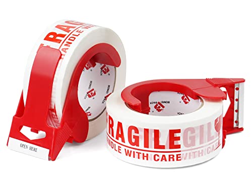 BOMEI PACK Fragile Tape 2 Inch x 330 Feet (110 Yards) 2 Rolls, Fragiles Tape Handle with Care for Shipping with Dispenser, Heavy Duty Marking Tape for Moving Box