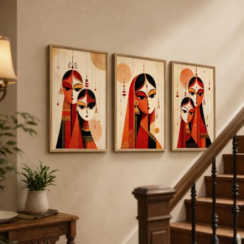 Image of Livin'luxe Set of 3 Traditional Indian Women Wall Paintings for Living Room Bedroom Home Decor with Premium Wooden Color Synthetic Frame (25.5 x 19.5 Inch) NM03-64