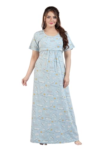 Image of Fabme Women's Full Length Printed Pre and Post Pregnancy Pure Cotton Nursing Nightdress Nighty