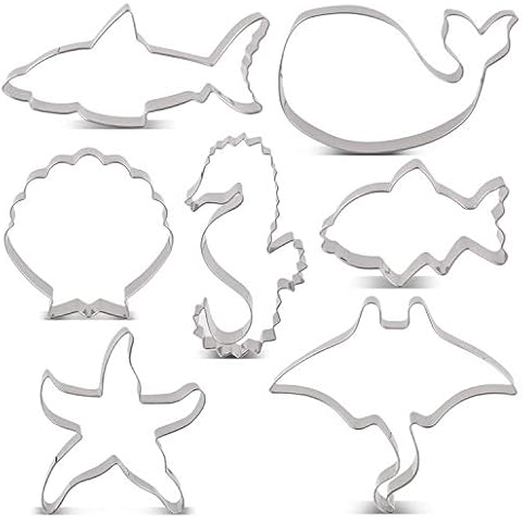 LILIAO Under The Sea Cookie Cutter Set - 7 Piece - Shark, Whale, Fish, Manta, Starfish, Shell and Seahorse Biscuit & Fondant Cutters - Stainless Steel Cover